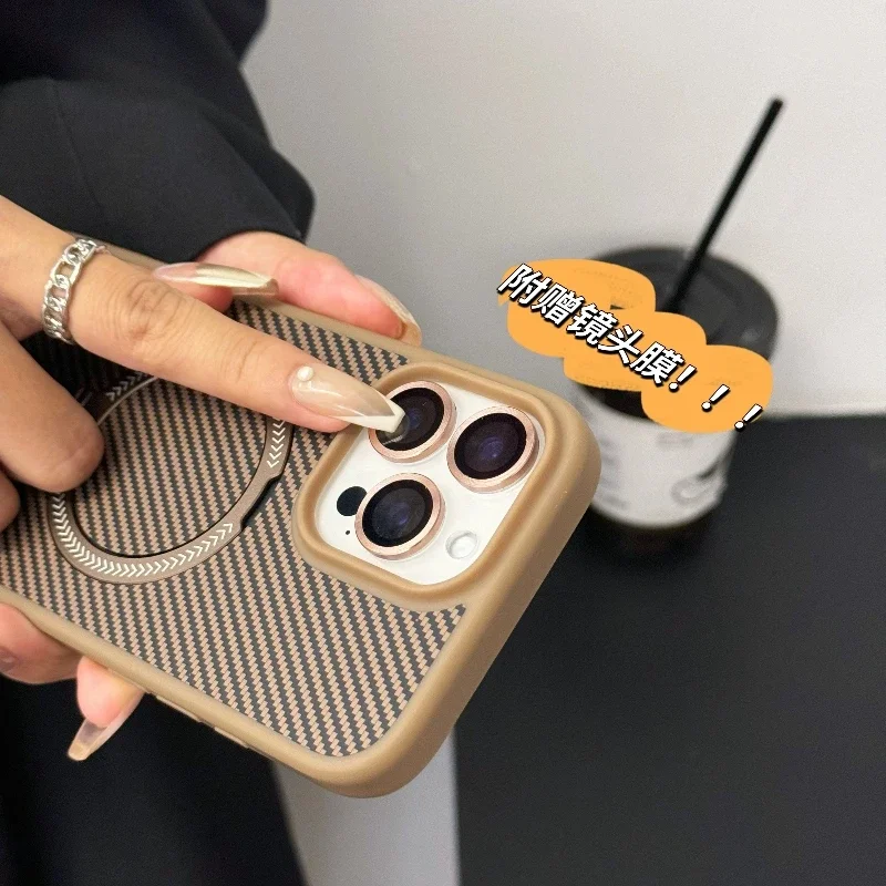 New Desert Gold Foldind Stand Holder phone case for iphone 16 15 14 13 12 11 pro max plus Magsafe Magsafe carbon fibre cover