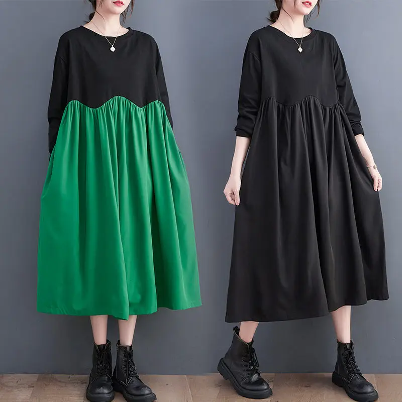 

Contrast Color Dress Women's Long Sleeved 2023 Spring Korean Version Oversized High Quality Stitching Casual Clothing Z174