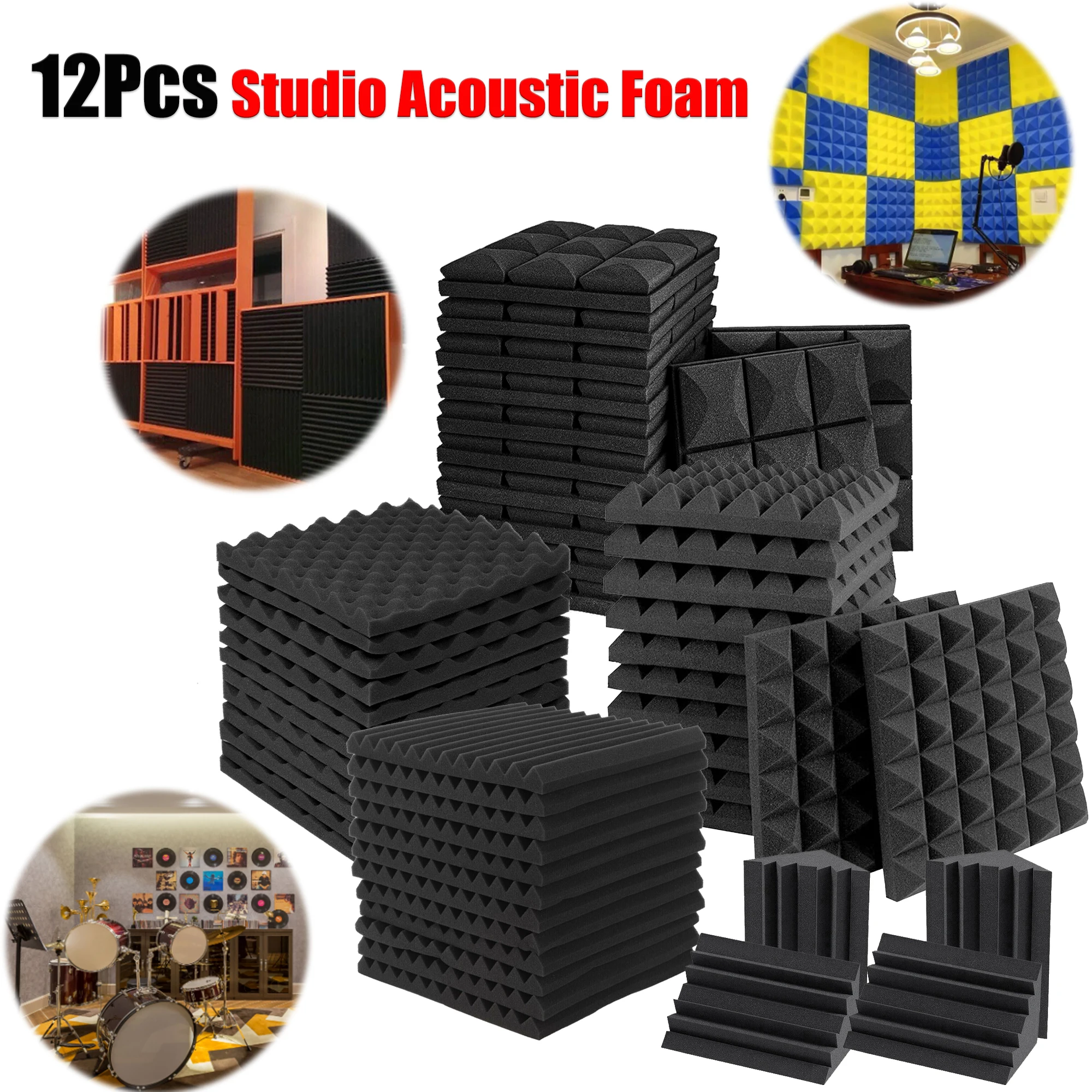 12Pcs Studio Acoustic Foam SoundProofing Acoustic Panel Sound Proof Insulation Absorption Treatment Wall Panels Fire Retardant