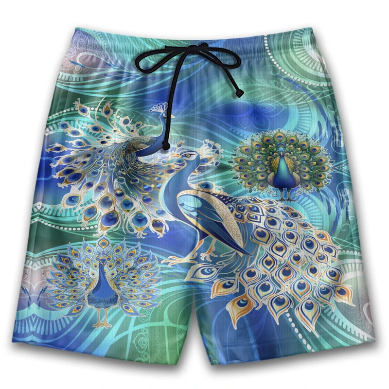 

Feather Peacock Graphic Short Pants For Men Clothes Lucky Animal Trunks Tropical Bird Trousers Peafowl Birds Boy Beach Shorts