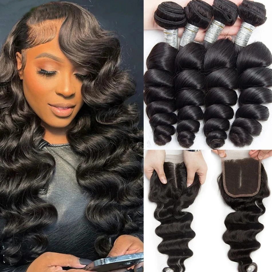 

12A Peruvian Loose Wave Bundles With 13x4 Lace Frontal Virgin Human Hair Bundles With Lace Closure Natural Color Hair Extensions