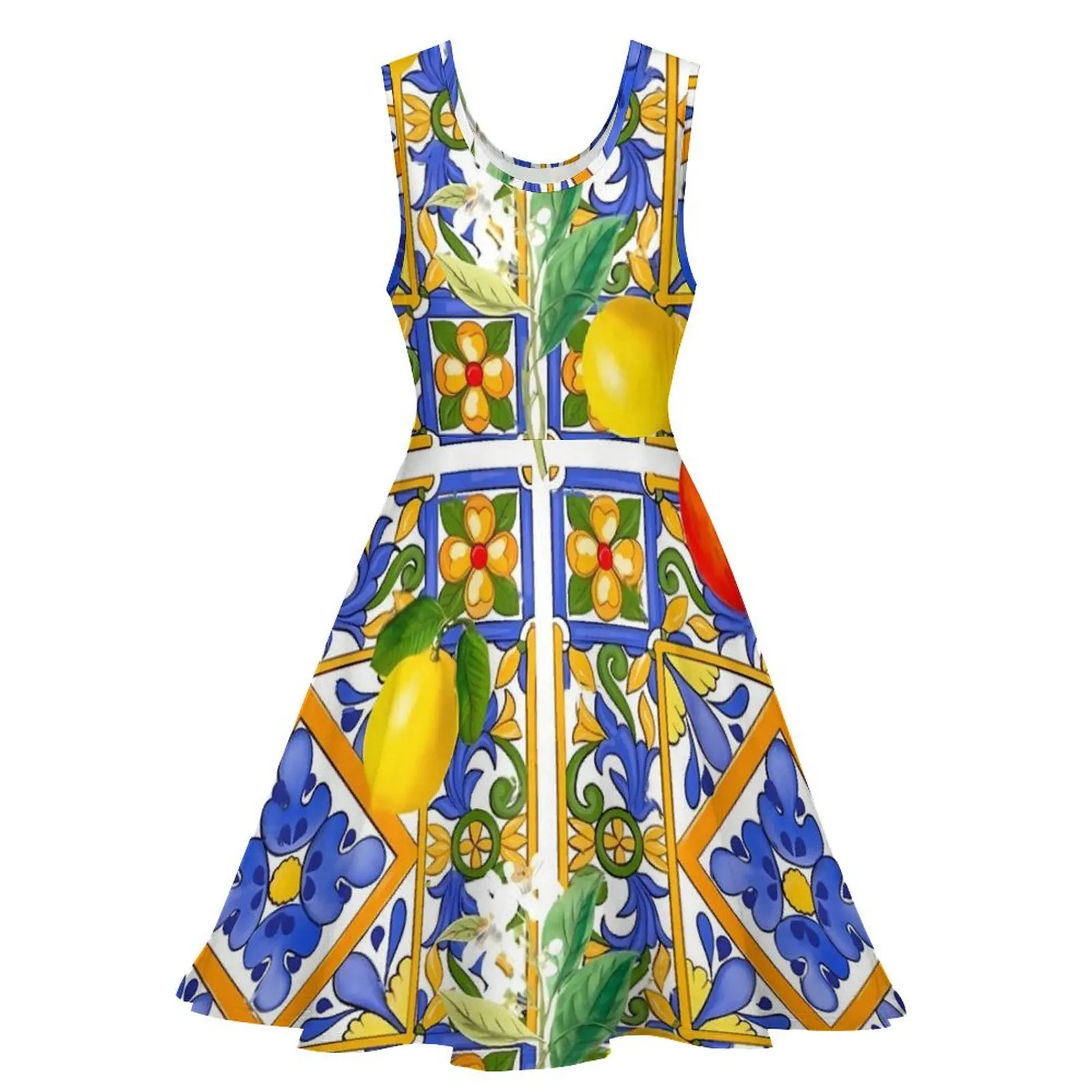 Retro  Fruit Print Dress Citrus And Lemons Elegant Dresses High Waist Casual Oversize Skate Dress Women Graphic Clothing