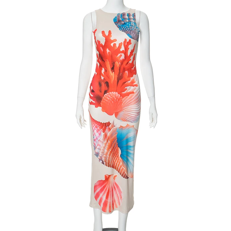 Koralowy nadruk bez rękawów długa sukienka kobieta lato 2024 moda Slim wakacyjna sukienka elegancka sukienka typu Bodycon Maxi Sundress