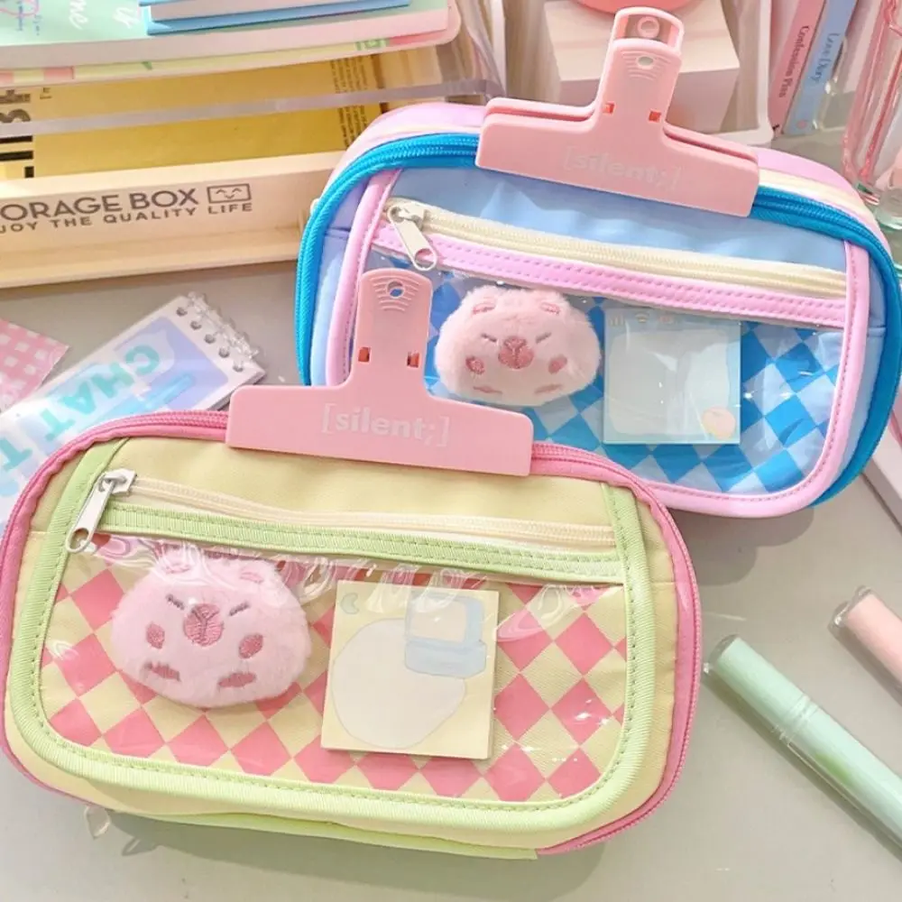 Creative Cute Design Capybara Pen Bag Multi-layer INS Checkered Stationery Bag Large Capacity Aesthetic Plaid Pencil Case School