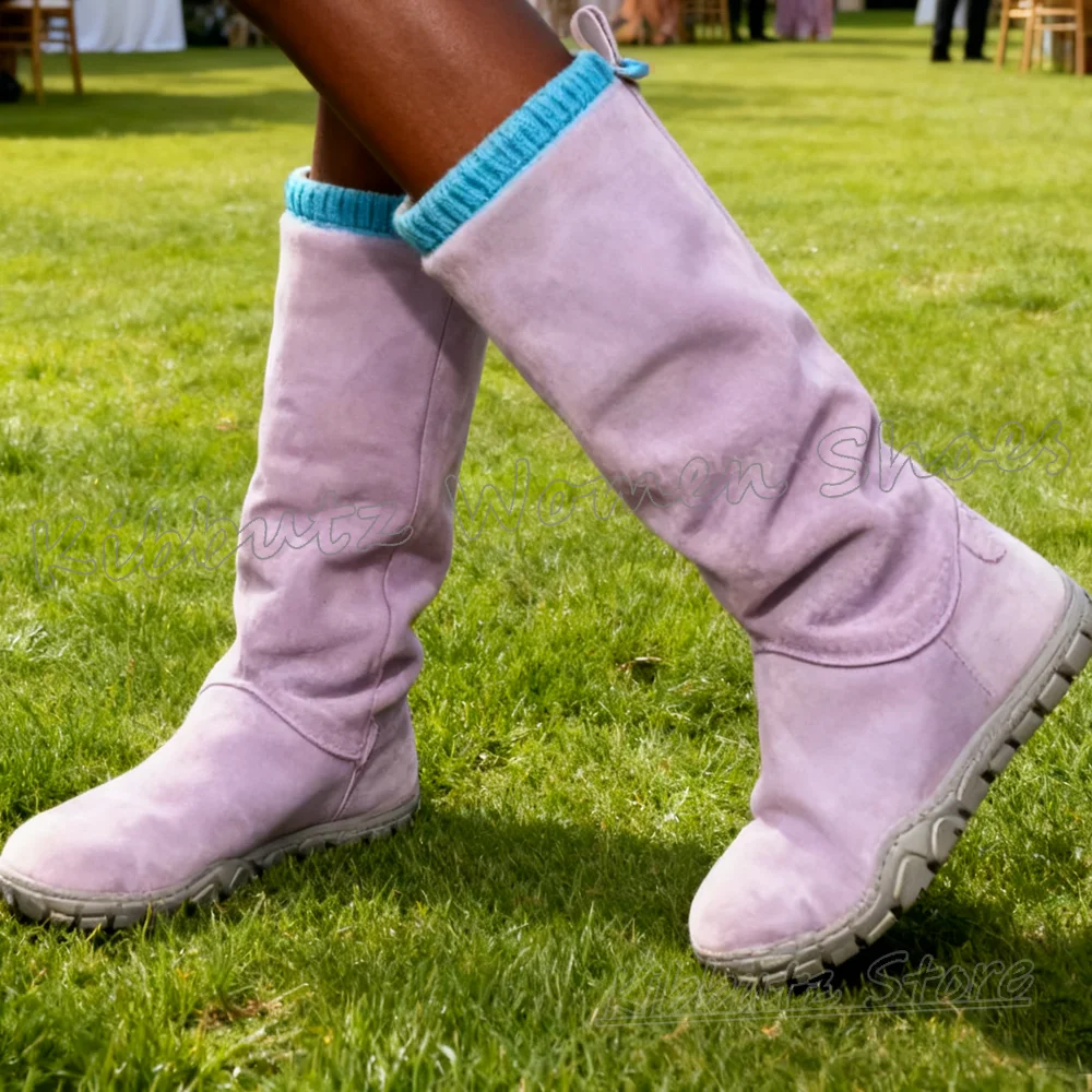 

Suede Pleated Elastic Band Boots Knee High Round Toe Flat With Slip-On Mixed Color Fashion Novelty Warm Winter Women Shoes New