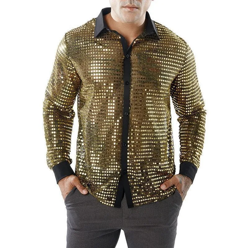 

Men's 70s Disco Party Costume Long Sleeve Shiny Glitter Shirt Retro Performance Outfit for Dance Stage Show Fun Vintage Style