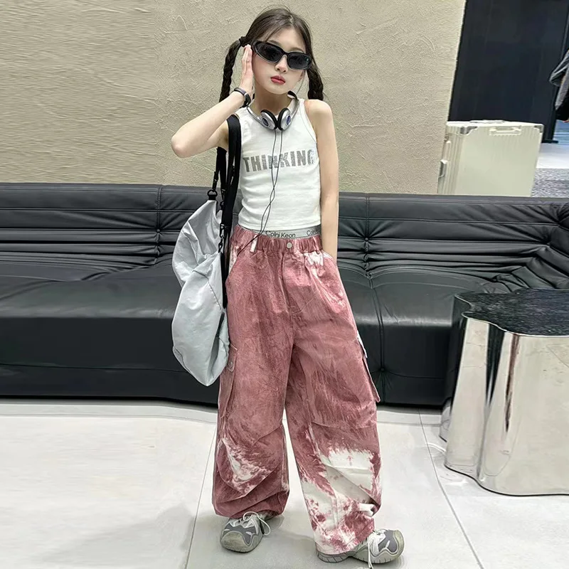 Girls Tie Dye Suit 2024 New Spring And Summer Teenage Kids Letter Printed Vest + Cargo Pants 2Pcs Set Age 6 8 10 12 14 Years Old