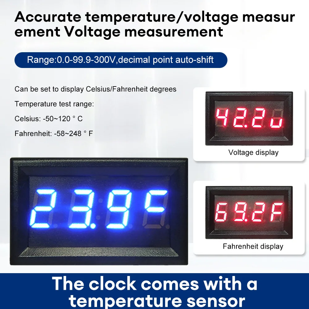 DC0-300V Digital Voltmeter and Thermometer Temperature Sensor Detector Temp Tester Gauge Car Electronic Clock Watch