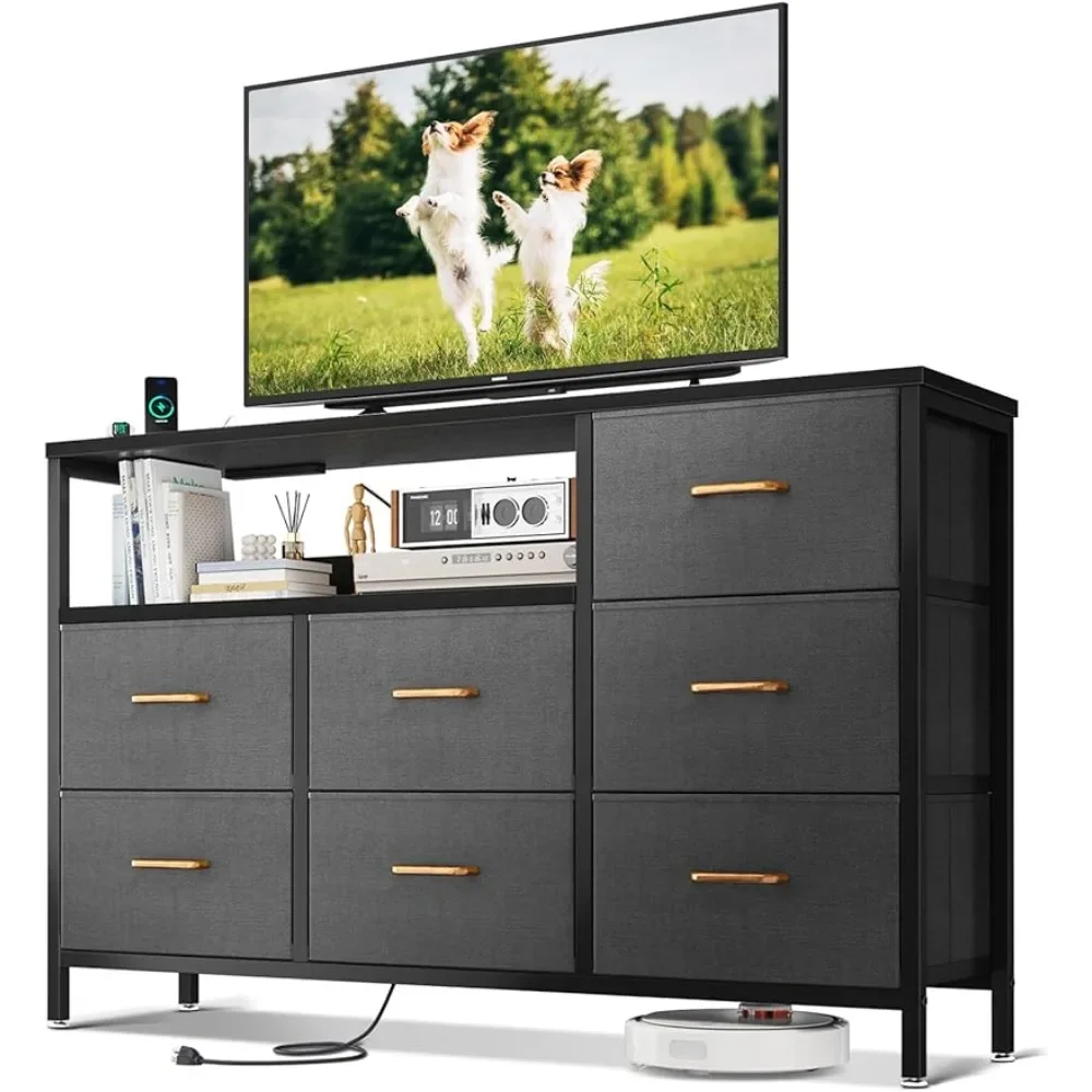 

TV Stand With Charging Station Modern Luxury Tv Cabinet Living Room Black 7 Large Storage Drawers for Living Room Furniture Ps5