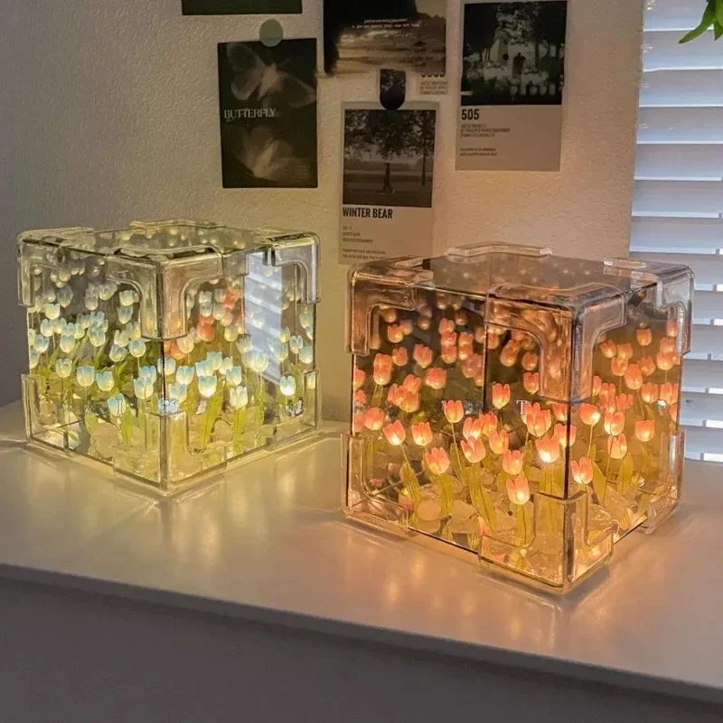 Nova tulipa nightlight artesanal diy material cubo tulipa espelho decoração do quarto atmosfera flor lâmpada dia dos namorados presente de