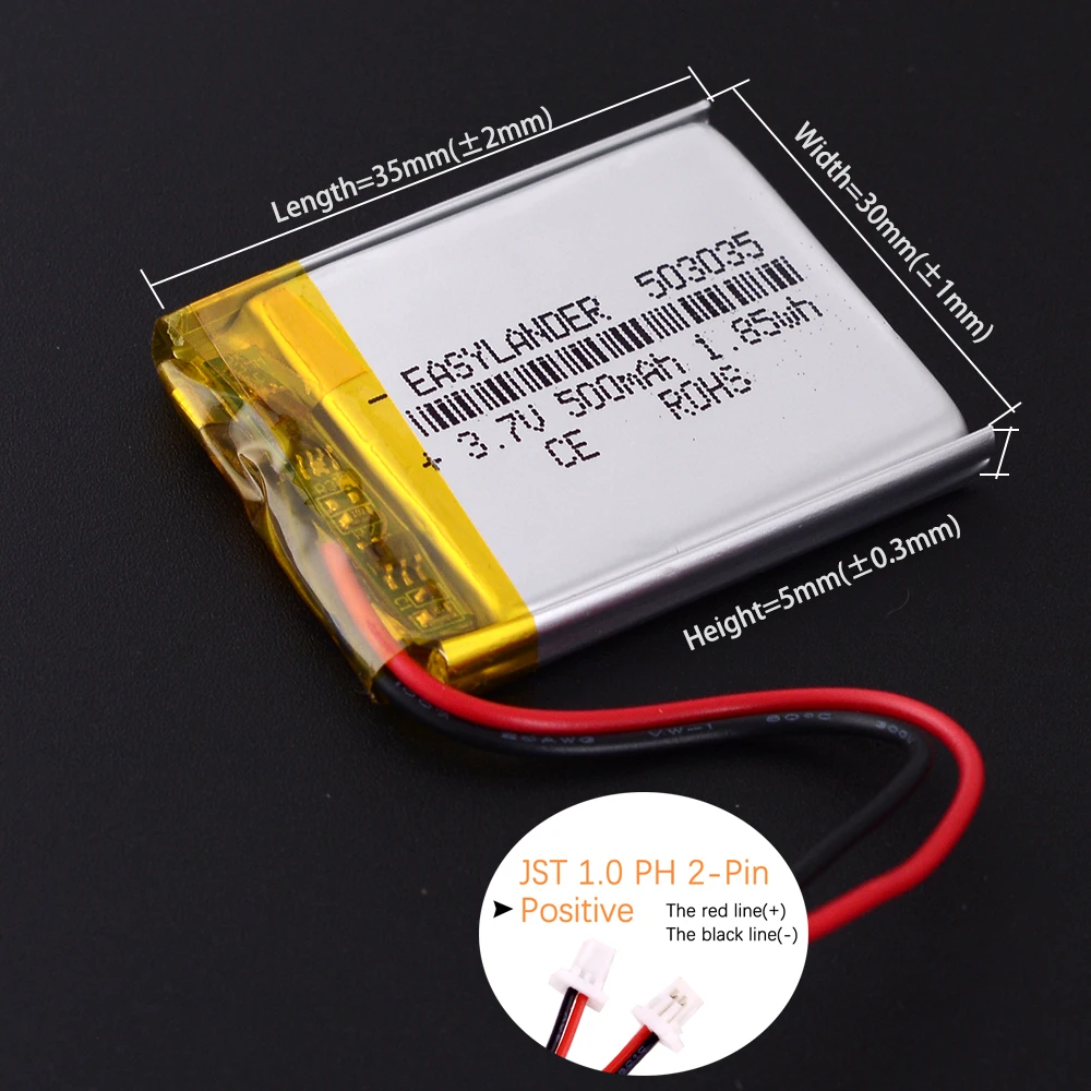 JST 1.0mm 2Pin 3.7V 500mAh 503035 Lithium Polymer LiPo Rechargeable Battery 303035 403035 603035 703035 803035 903035 103035