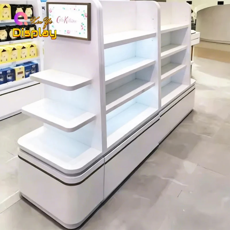 custom.Premium Multi-Layer LED Lighting Recyclable Stainless Steel Modern Makeup Shop Display Cases Makeup Prod