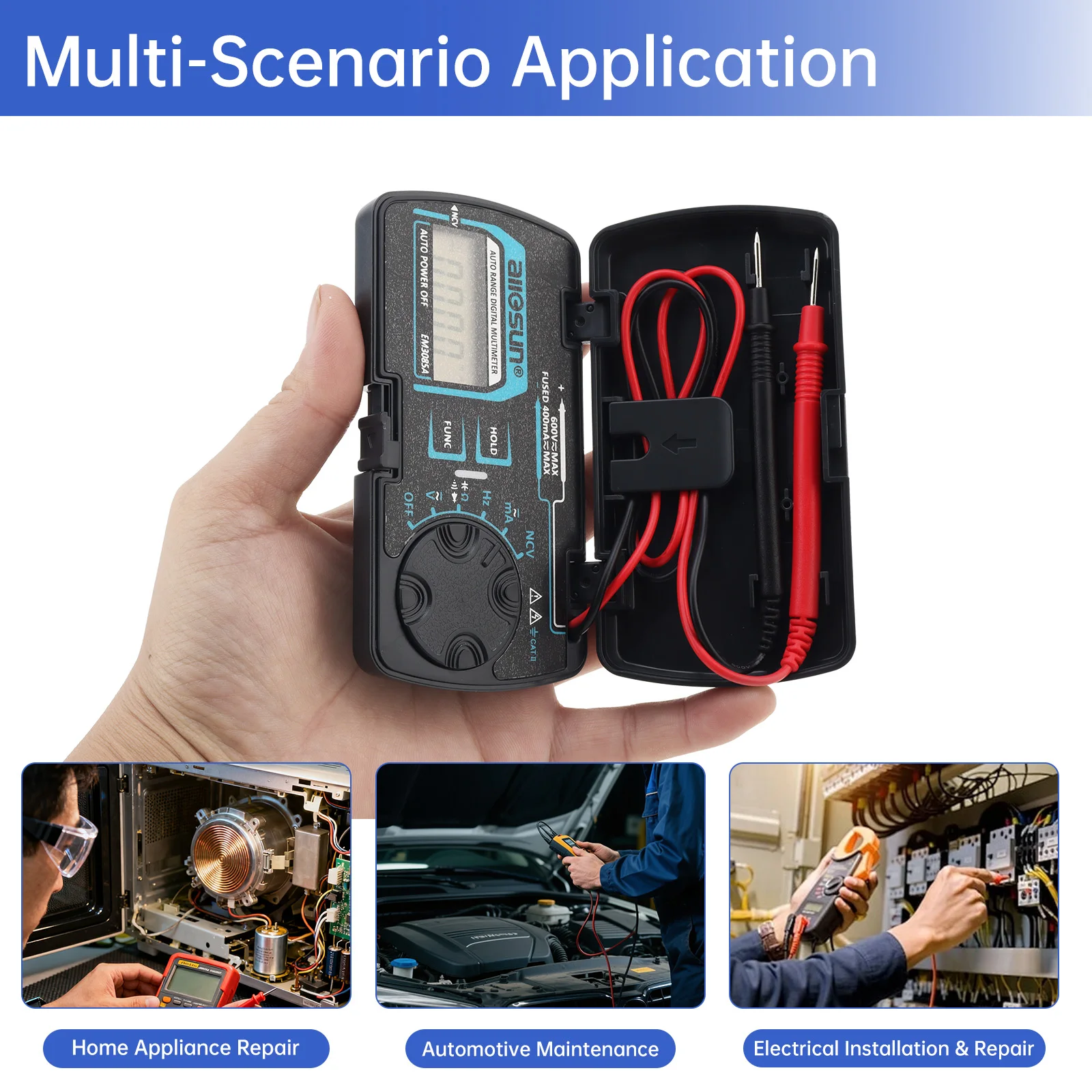 EM3081 Mini LCD Display Digital Multimeter with One Pair Test Pen for Measuring DC AC Voltage and  DC Current / Resistance