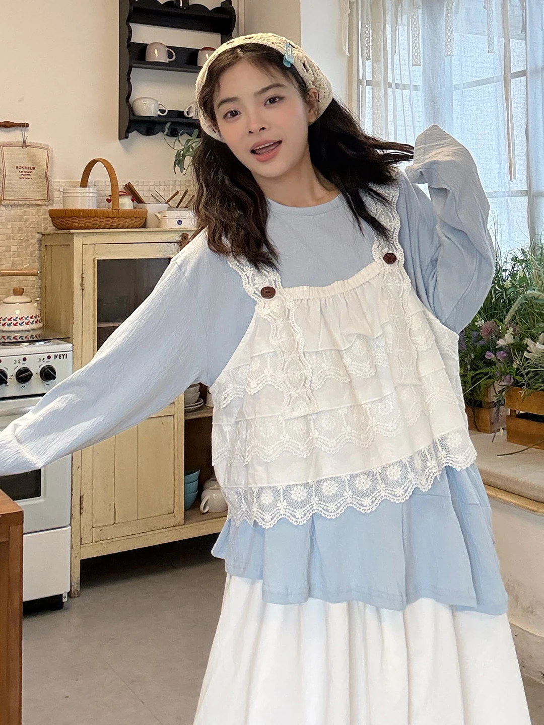 

plus Size Women's Japanese Sle Lace Trim off oulder Long Sve Two Piece Set Spring Season plus Size MM Layering Set