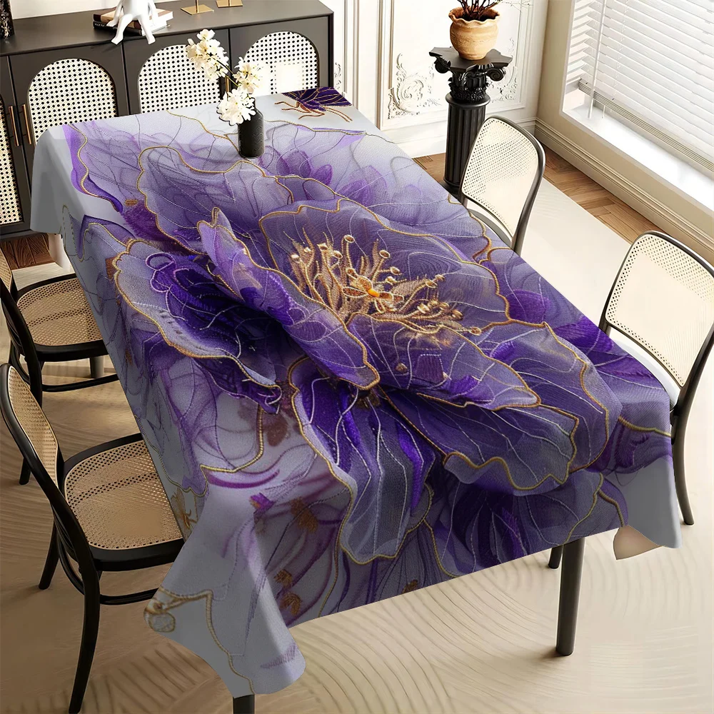 Gilded Floral Tablecloth, Soft Grey Background With Large Purple Peony Pattern, Waterproof Table Cover for Party & Daily Use