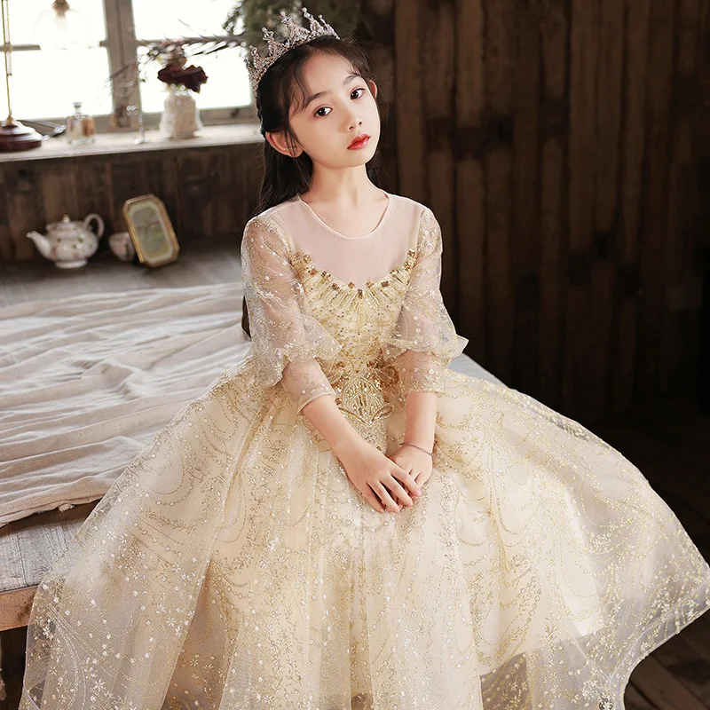 

Детское торжественное платье2025Летний новый стиль с длинными рукавами для маленьких девочек, простой наряд для выступлений на фортепиано для девочек