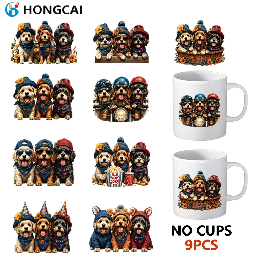 9Pcs Cute Puppy UV Crystal Transfer Stickers | Waterproof Wear-resistant, High Adhesion, for Mugs, Glass Cups & Phone Cases