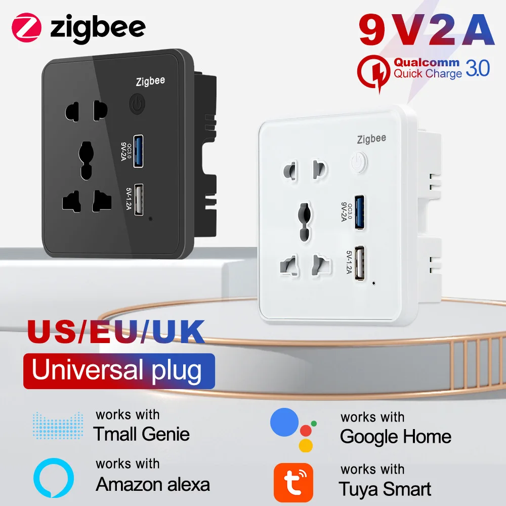 

Tuya/Zigbee Wifi Wall Sockets with 2 USB Fast Charging Timing Wireless10A 110v 220v 86mm Touch Glass Smart Home Switches Socket