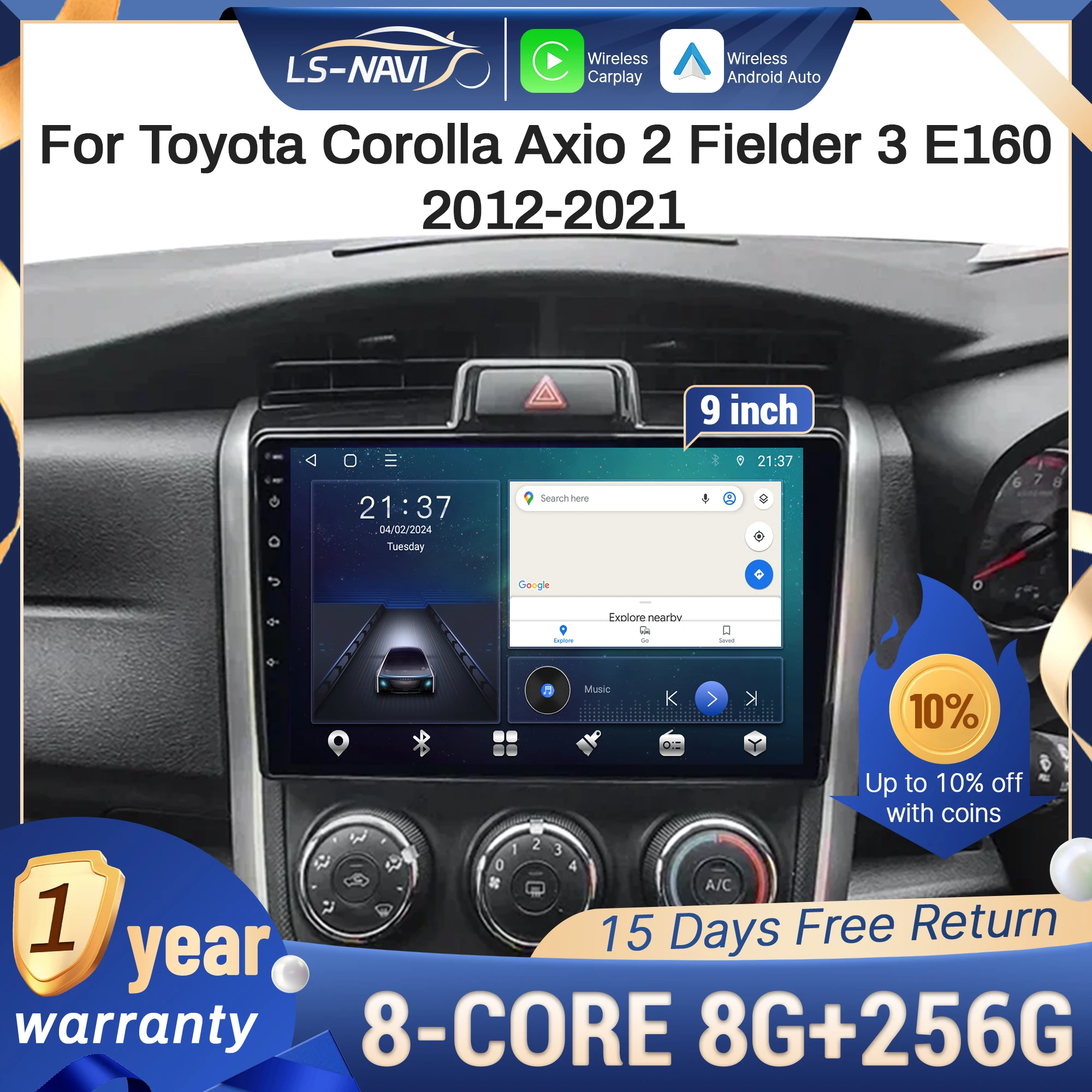 نظام ملاحة CarPlay لسيارة Toyota Corolla Axio 2 Fielder 3 E160 2012-2021 4G شاشة لمس لاسلكية راديو GPS متعدد الوسائط
