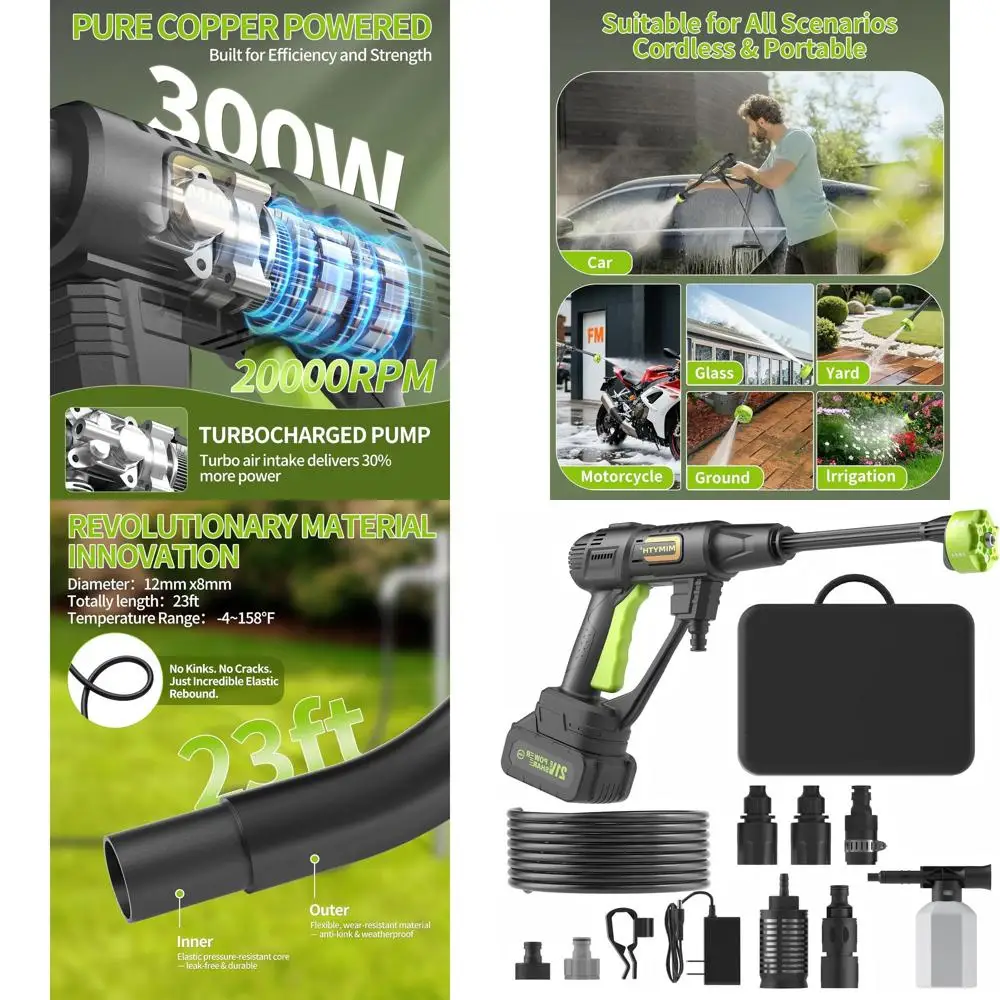 

Аккумуляторная мойка высокого давления 990PSI с насадкой 6-в-1, шлангом 23 фута и аккумулятором 21В для домашнего использования