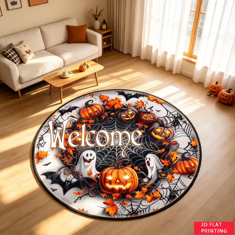Spooky Welcome Ghost Pumpkin Web Round Rug For Autumn Front Door Decor Featuring Halloween Themed Black Orange Carpet