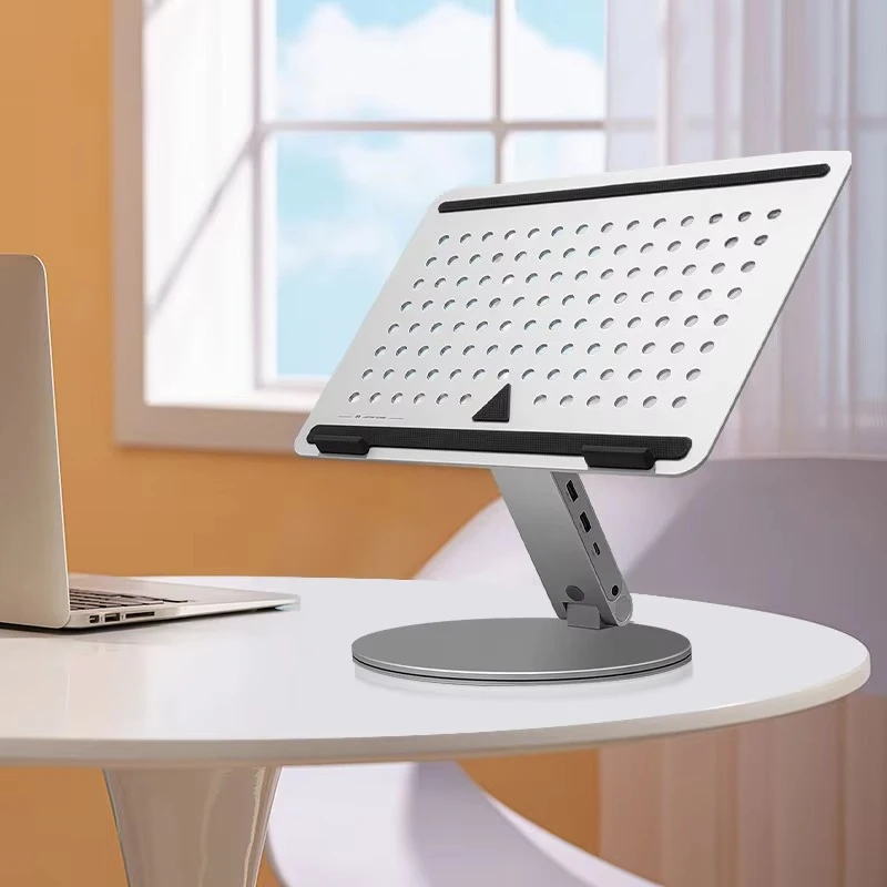 Modern office laptop stand features 360-degree rotating aluminum alloy and is adjustable