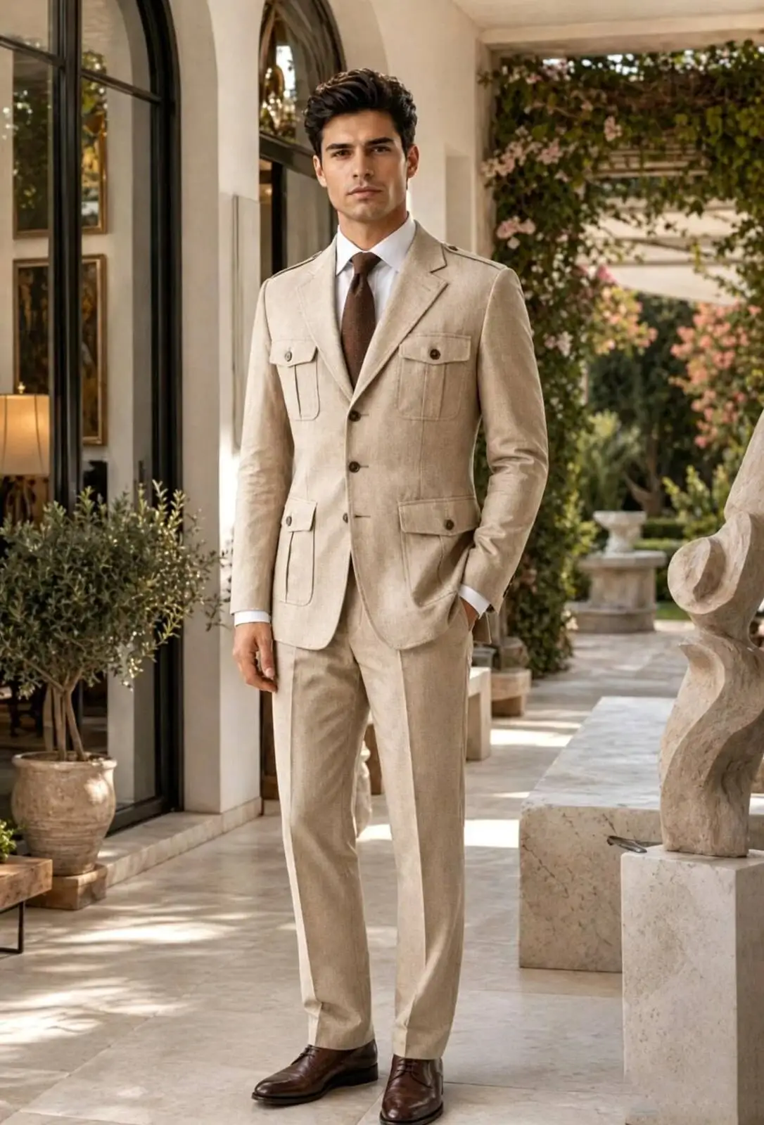 Beige Linen Safari 2 Piece Men Suit Multi Flap Pocket Blazer Straight Leg Trousers Summer Beach Wedding Resort Customized Set