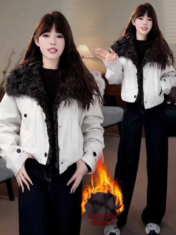 معطف نسائي من Thiened Fce شتاء دافئ جديد Sle تصميم أوروبي من القطن أسفل Jaet مع ياقة من الفرو فضفاضة تناسب طويلة...