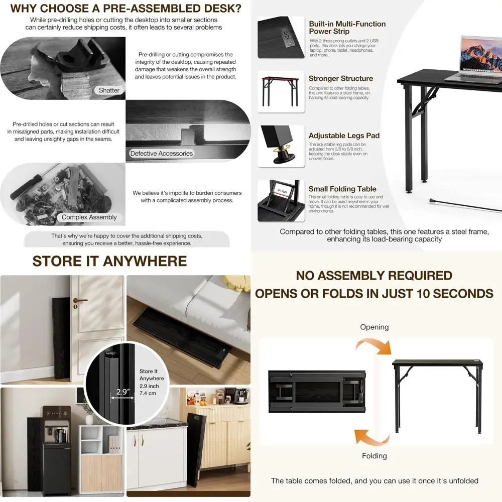 

Compact 35.8 Folding Desk with Power Outlets & USB Port - Portable Mini Study Table, Ideal for Small Office, Oak Finish