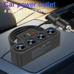 Multi-functional Car Charger, 2USB+1PD Ports for Fast Charging, Four Cigarette Lighter Sockets for Charging Cell Phone Tablets