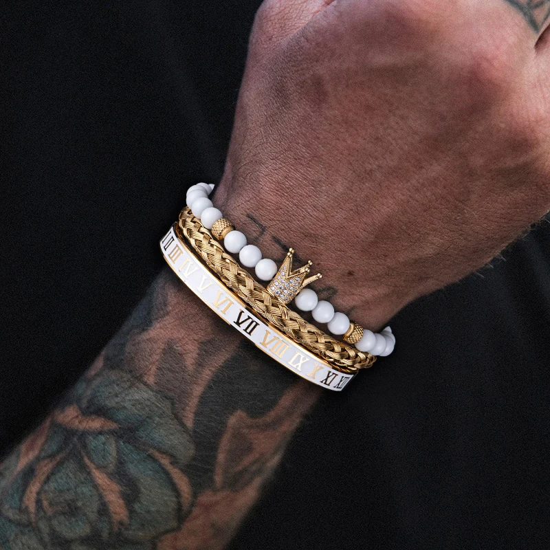 Luxury Set Crown Charm Gold Color Skull Bracelet Stainless Steel  Men White Enamel Roman Number Bangles Europe Fashion Jewelry