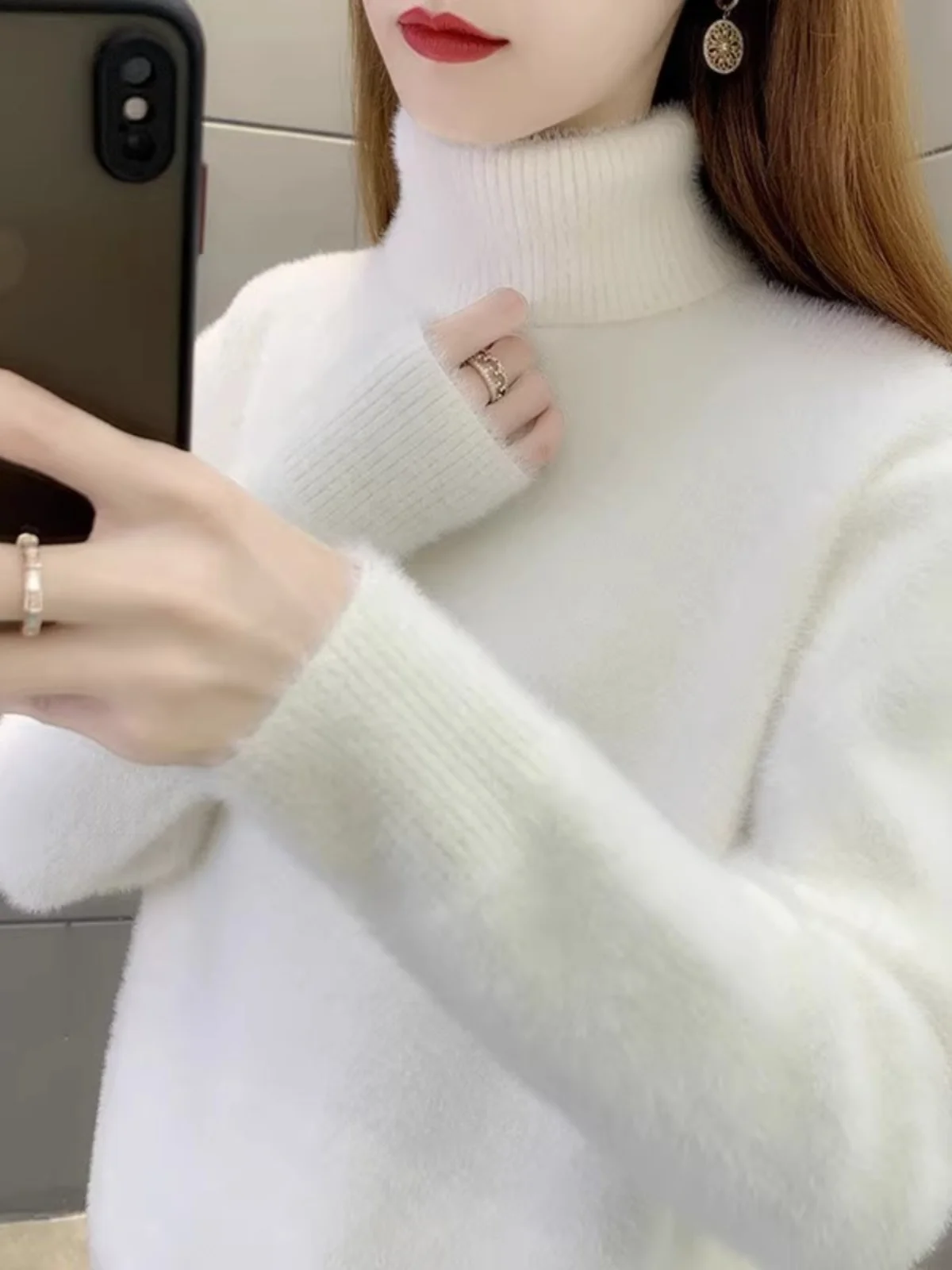 

Women's Thiened High Collar Knitted Sweater Water Rabbit Velvet Overhead Sle Faionable Versatile Base Layer irt