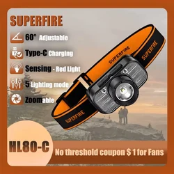 SUPERFIRE HL80 Powerful LED Headlamp USB Rechargeable Sensor Headlight Zoom Head Lamp Flashlight for Fishing and Camping torch