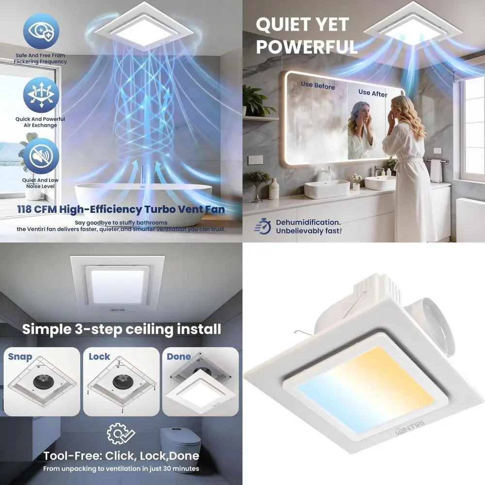 

10x10 Inch Quiet LED Light Square Bathroom Exhaust Fan with 8x8 Inch Mounting