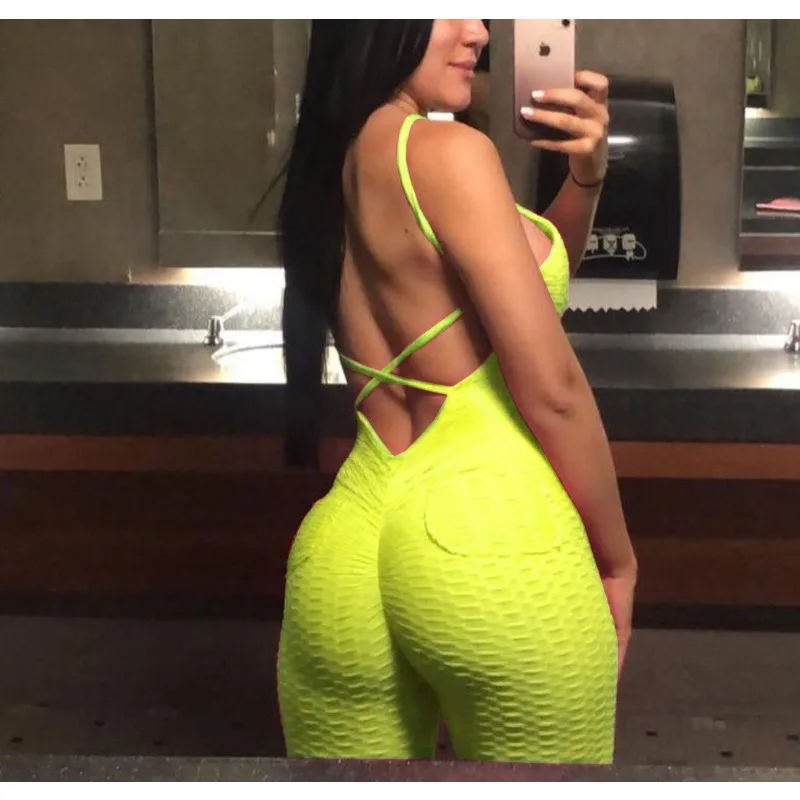 

Krisnanas Sexy Jumpsuits for Woman 2025 Slim Fit Fluorescent Green Wrap Backless Breathable Sporty Female Jumpsuit 64228