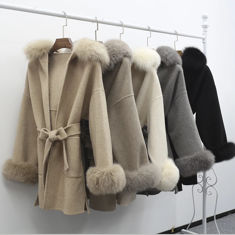 Hot Sale Women Coat Warm Wool Blends Coat With Fox Fur Collar Cuff Casual Hooded Cashmere Cardigan Wool Jackets Winter