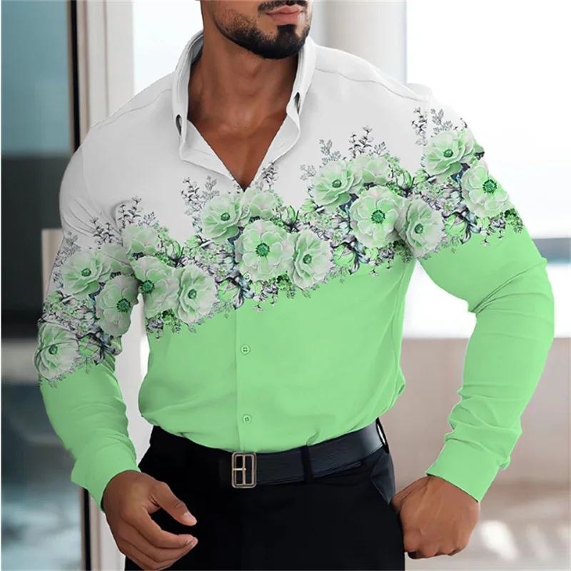 Camisa masculina de mangas compridas, terno floral geométrico, padrão claro, suave e confortável, tendência de botão, roupa nova, 2023