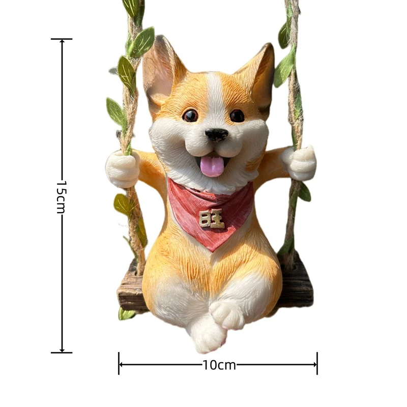 5.9 Inch Resin Corgi Ornament Garden Courtyard Animal Decoration Figure Swing Puppy with Hemp Rope Cartoon Dog Figurine