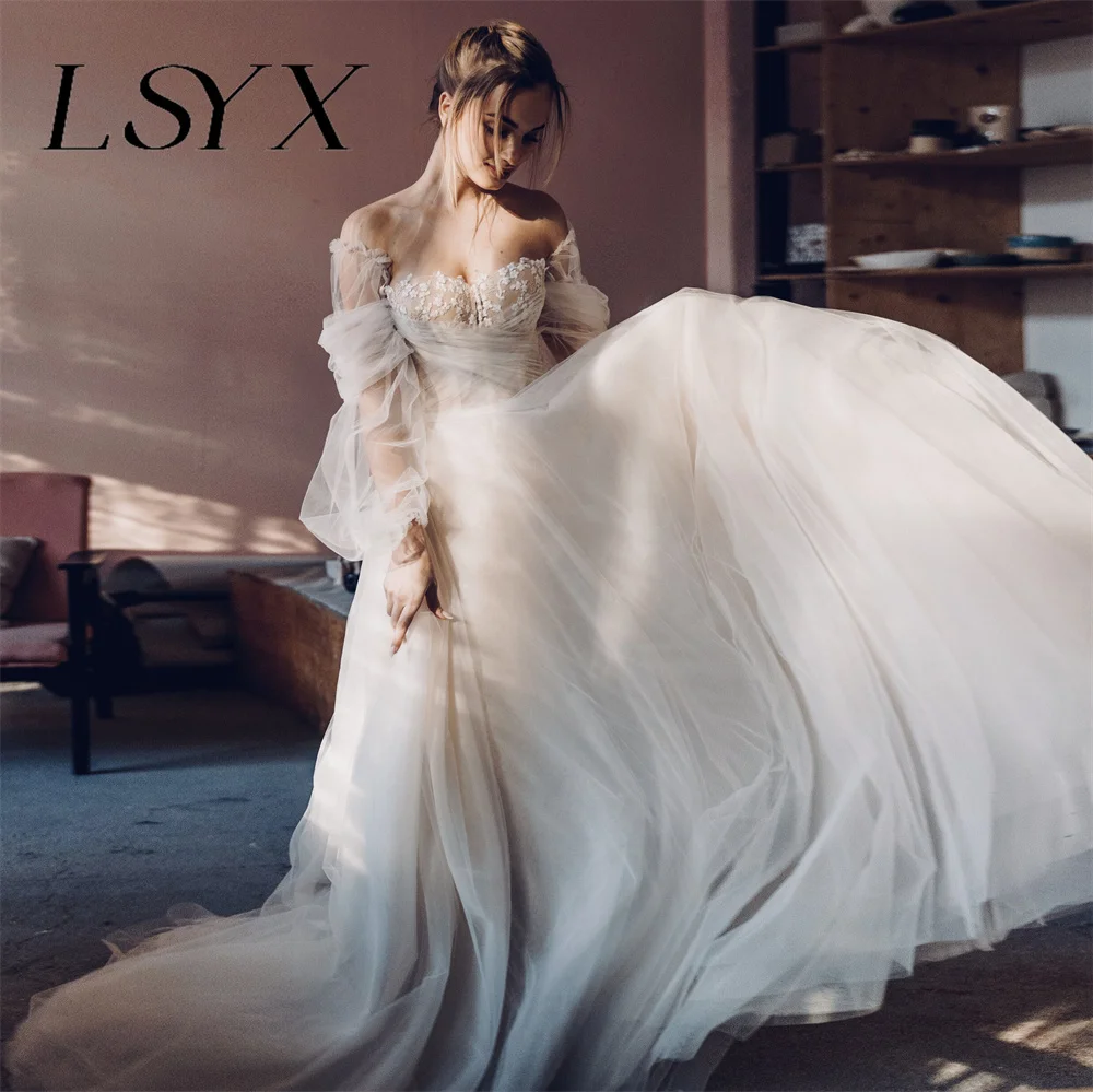 

LSYX Fairy Long Puff Sleeves Tulle Princess Wedding Dress Sweetheart Sweep Train Lace Backless Bridal Gown Custom Made