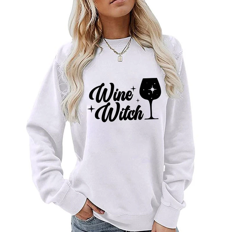 (A+Quality)Wine Witch Print Sweatshirt Woman Long Sleeve O-Neck Pullover Loose Fashion Streetwear Autumn And Winter Sport Tops