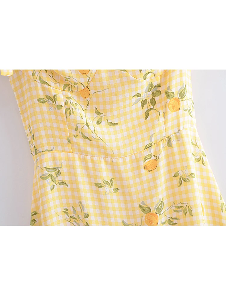 YENKYE 2022 Women Plaid Lemon Print Yellow Sling Short Dress Vintage Ladies Summer A-line Chiffon Dress French Style Vestido