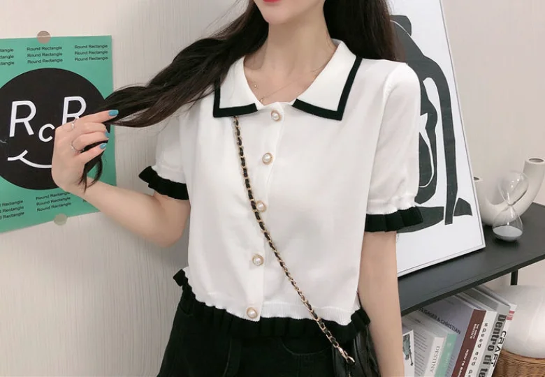 Spring/Summer New Retro Turn-down Collar Short Sleeve Slim Fit Single Breasted Knitted T-shirt For Women