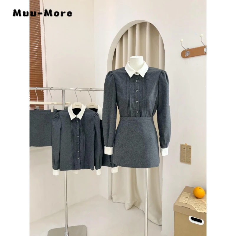 2024 Spring Vintage Elegant Style 2 Piece Set Women Turn Down Collar Shirt +A-line Skirt Office Lady Two Piece Skirt Set Outfits