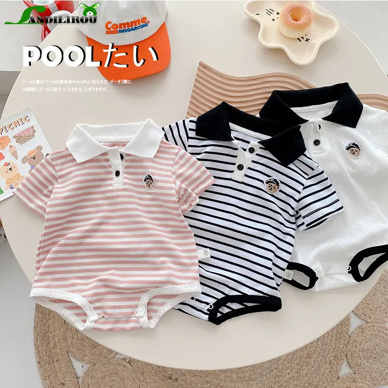 

Summer Newborn Rompers Infant Triangle Wrap Fart Bodysuit Short Sleeve Turn Down Jumpsuit Baby Clothes 0 to 18 Months Wholesale