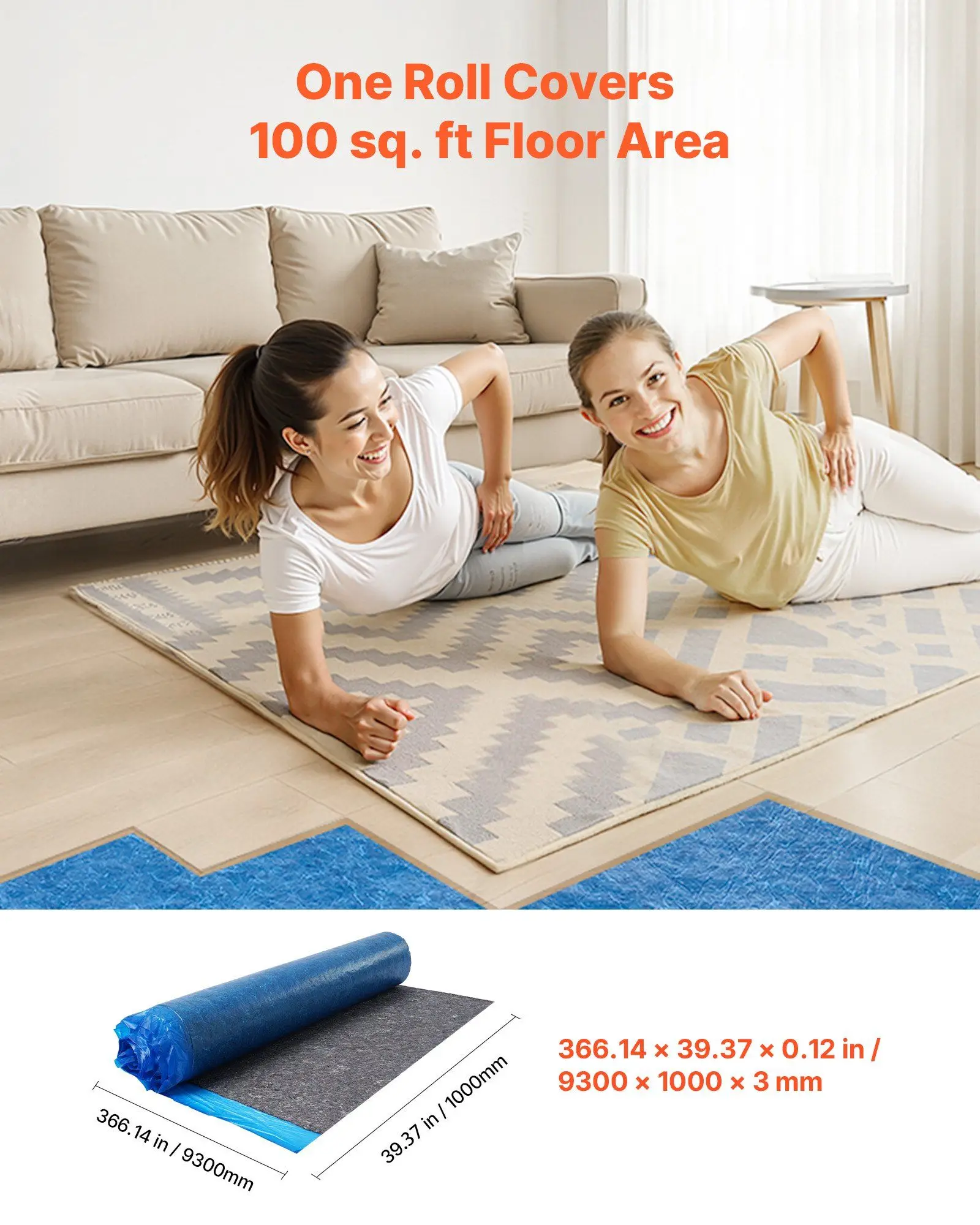 Floor Underlayment 100 sq. ft/Roll, 3 mm Thick Laminate Flooring Padding with Attached Vapor Barrier, Heavy Duty Fiber + PE Film, Soundproofing & Noise Reduction, Ideal for Vinyl Wood