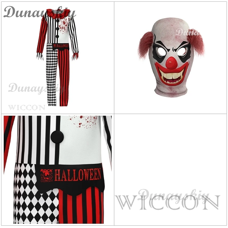 Kids Shock Clown Cosplay Costume Halloween Children Bloody Horror Clown Outfit Carnival Party Stage Performance Dress Up New