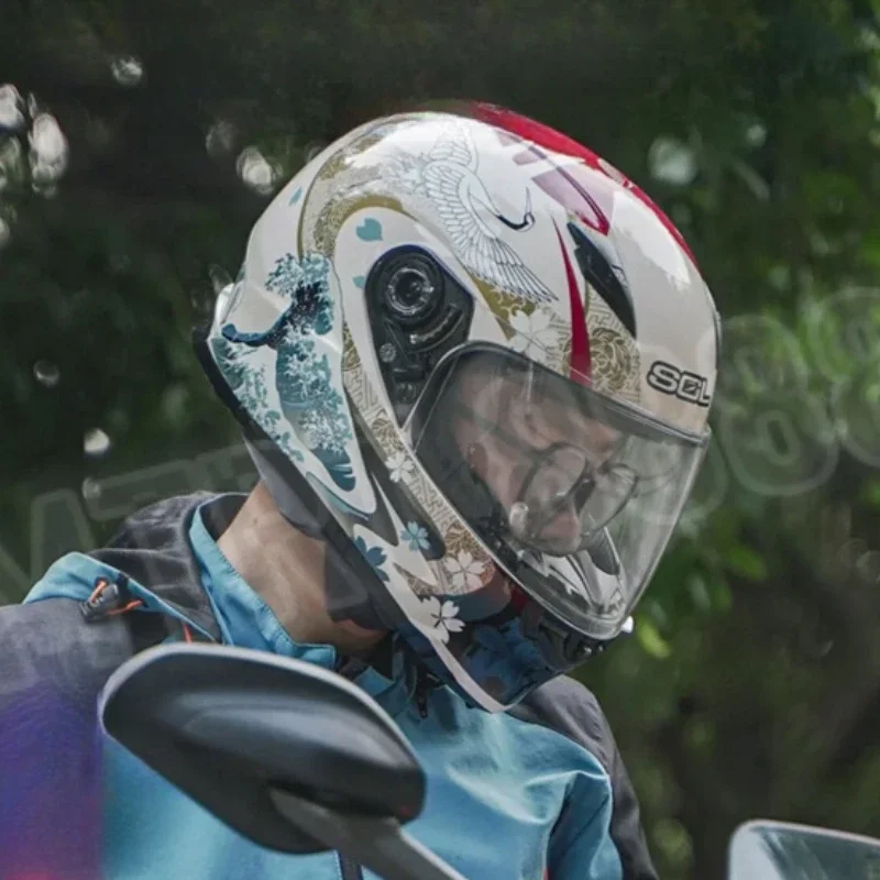 

Motorcycle Riding Helmet for Men and Women Ukiyoe Crane Four Seasons Couple Full Helmet SF-2M Casco De Moto