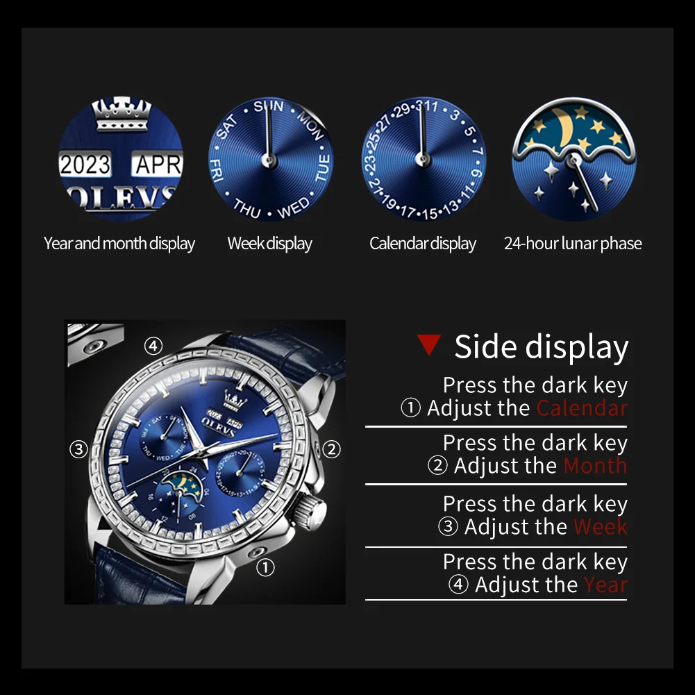 OLEVS 6695 Orologio da uomo Orologio meccanico automatico Settimana Data Luna Orologio da cintura sportivo di lusso per uomo Scatola luminosa impermeabile