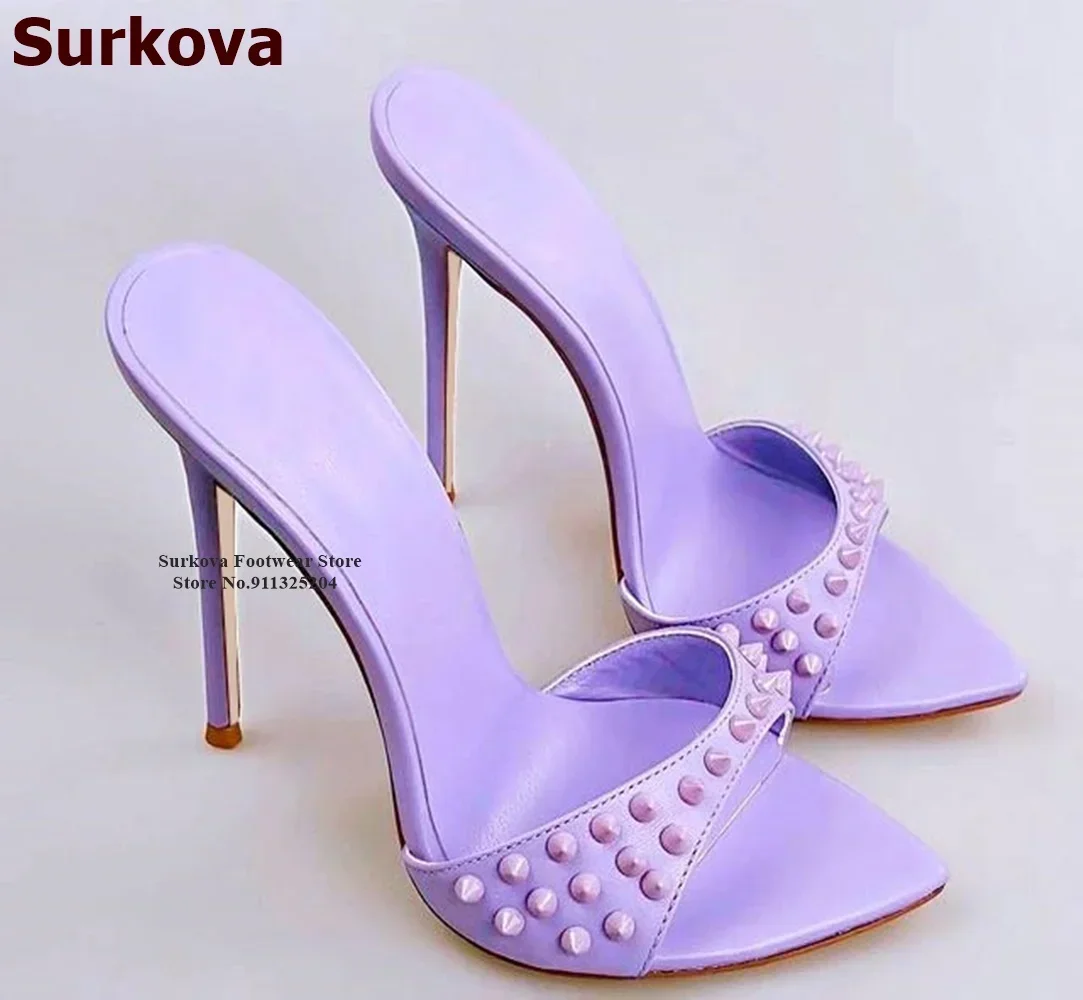 Surkova Thin High Heel Rivets Pointed Toe Slippers Slip-on Sexy Spikes Summer Sandals Dress Shoes Purple Pink Yellow