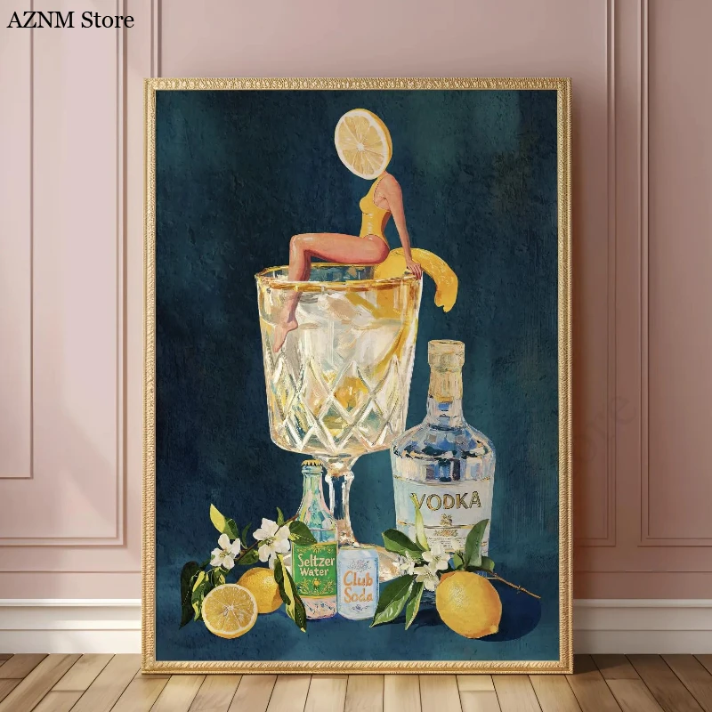 Vintage Fun Dirty Martini Bar Print Retro Cocktail Mädchen Tauchen in Cocktail Glas Bar Kunstdruck Wandkunst für Home Kitchen Decor